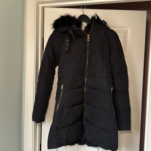 Zara Black Puffer Jacket with Faux Fur Hood | Size Medium | Gold Hardware